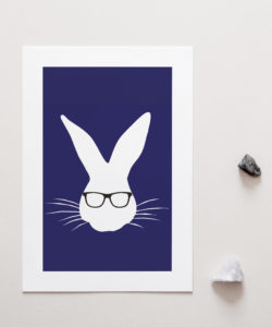 White Bunny with glasses on navy blue Art Print for sale