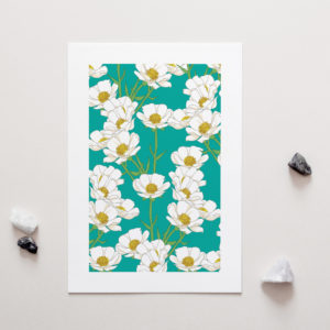New Zealand Native Mount Cook Buttercup white teal Flower Art Print for sale