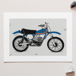 Blue Vintage Motocross. Ossa 1975 250KJ Classic Motocross bike Art Print for sale