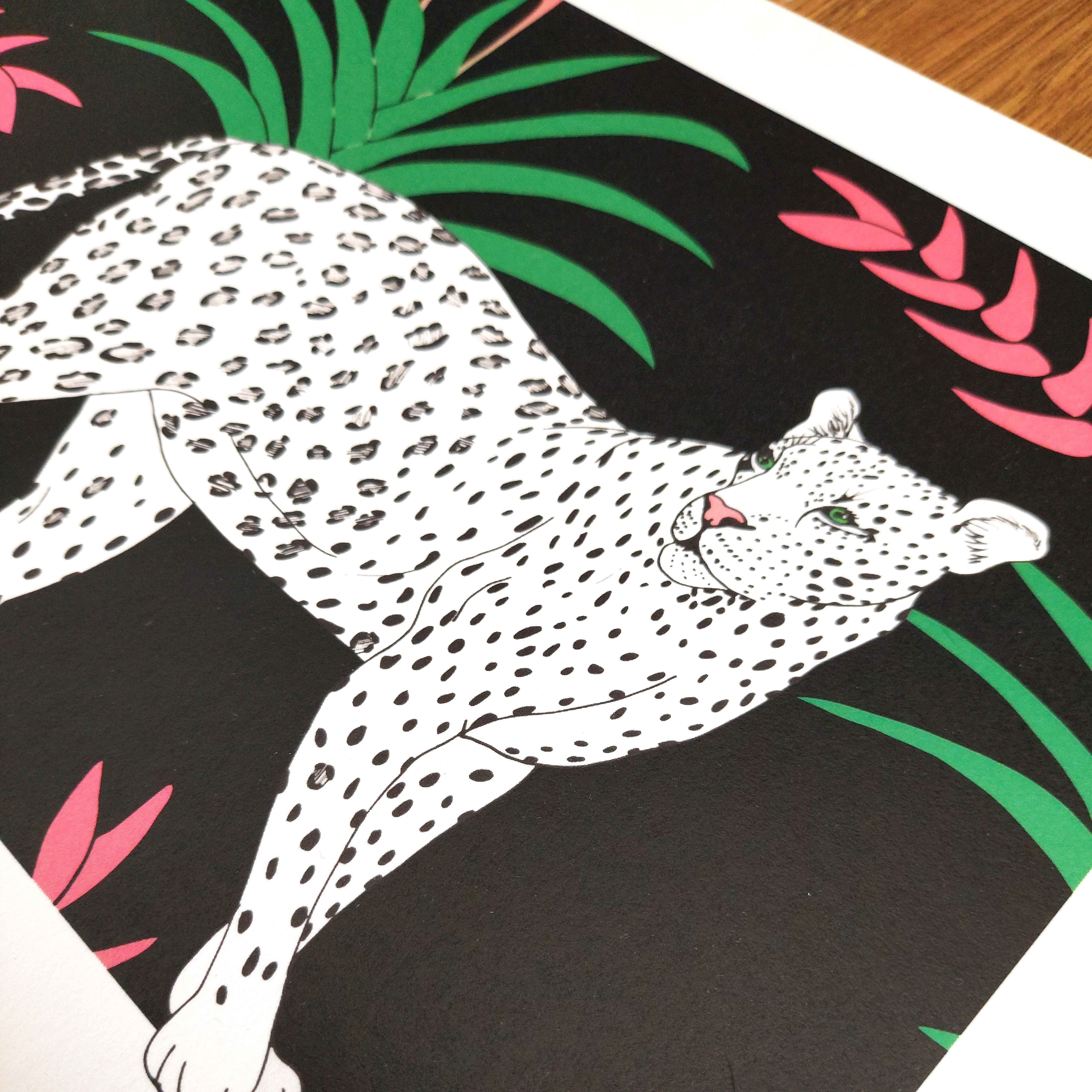 Jaguar and Pink Heliconia Art Print