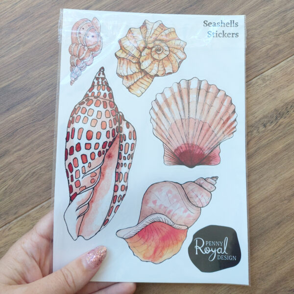 Seashells Sticker sheet, shop now, scrunchies + stickers, home page, penny royal design, home page - penny royal design
