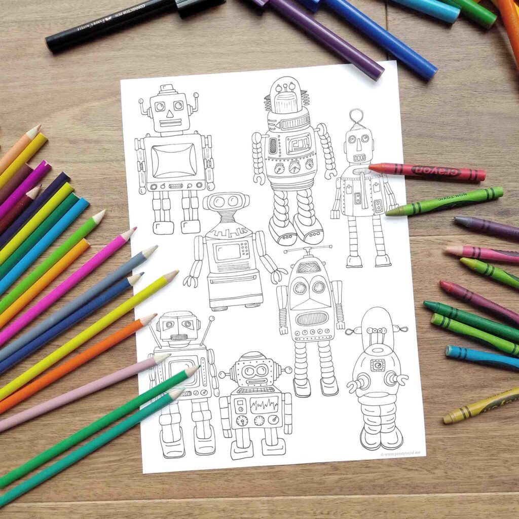 Penny Royal Design Colouring Page ©_Vintage Robots downloadable adult coloring page