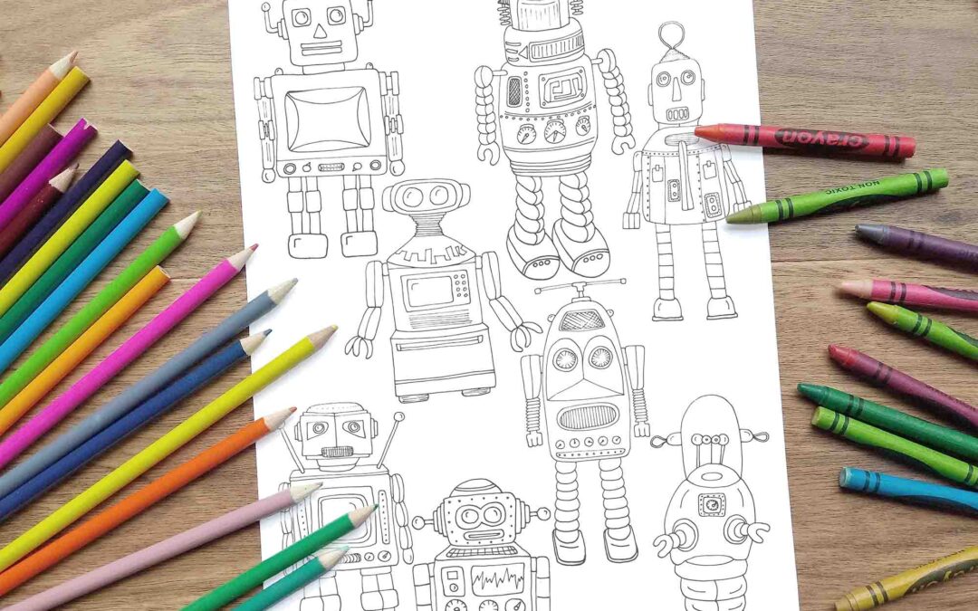 Vintage Robots Coloring Page – Digital Download