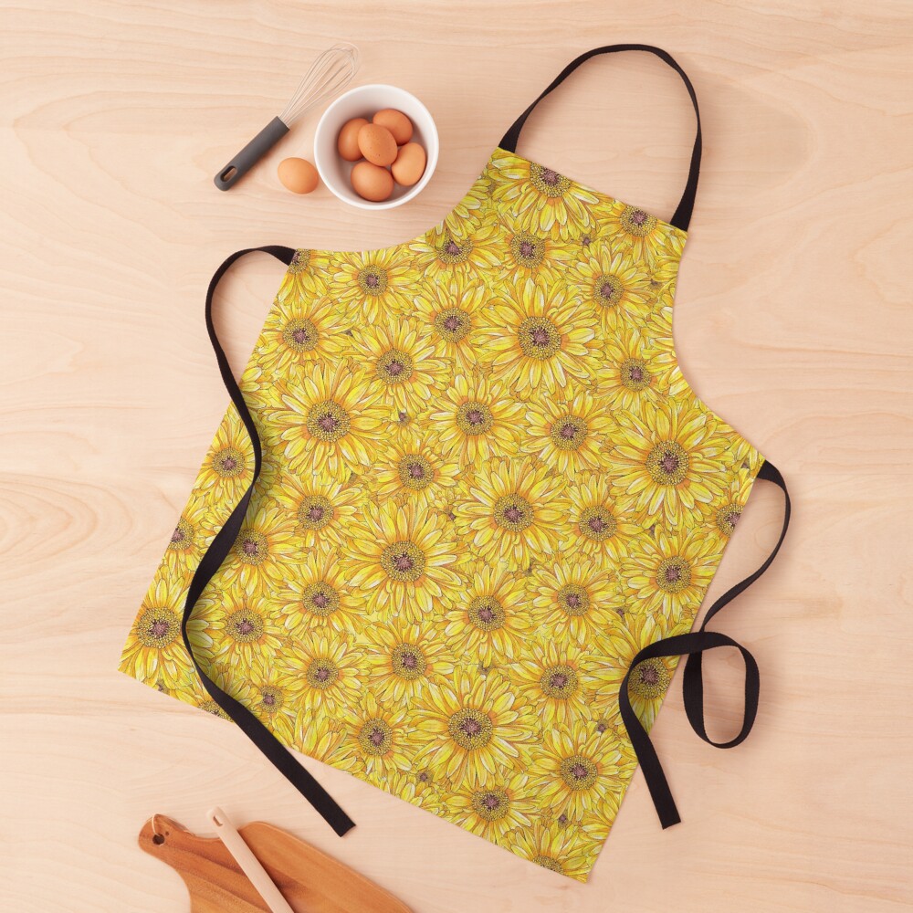 retailers + collabs, good vibes collection, yellow gerbera, apron, redbubble