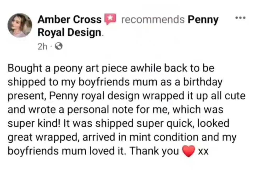 Happy customer/client feedback for Penny Royal Design testimonial, feedback, happy client, happy customer, penny royal design, about page,