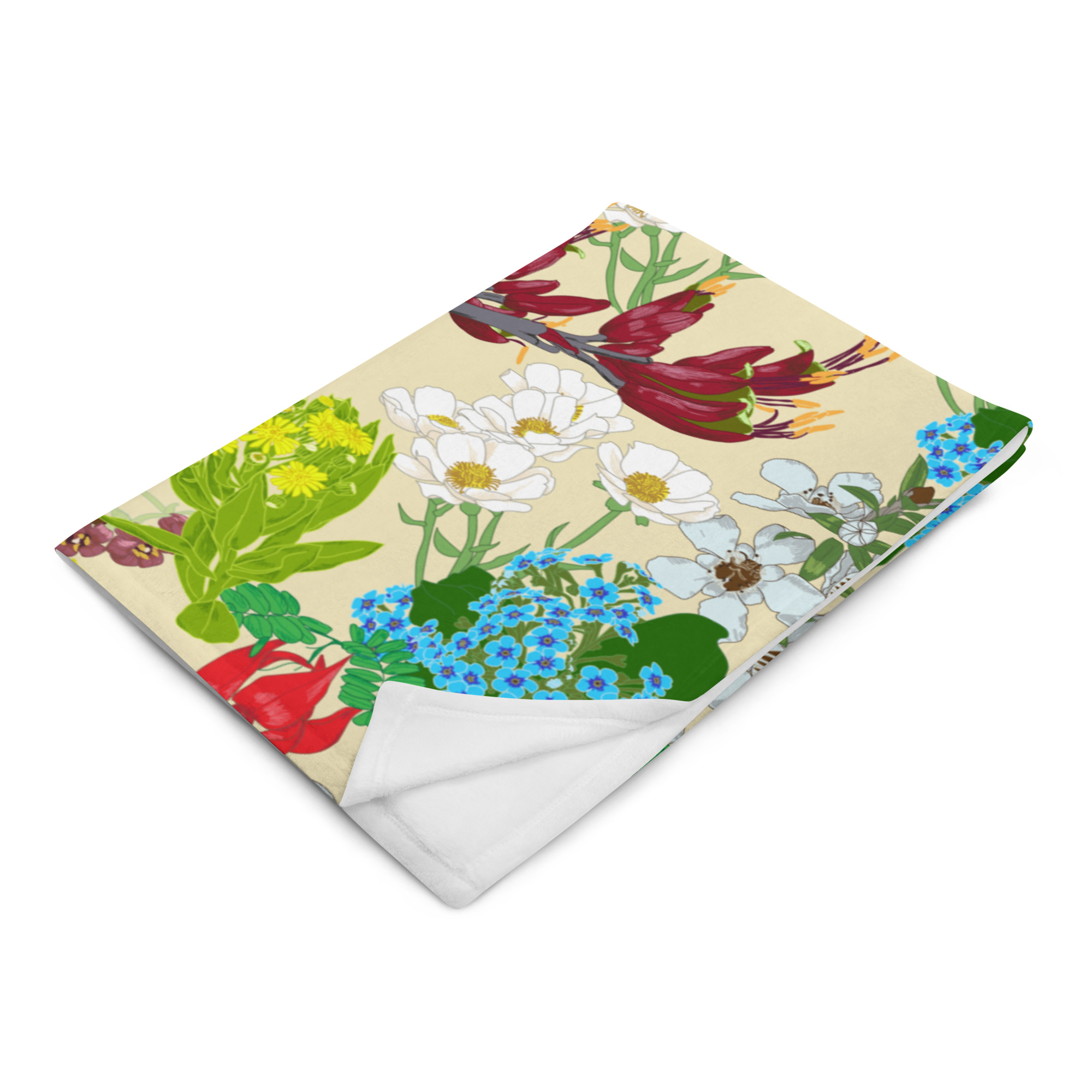 homewares, nz native flowers throw blanket, blankets, penny royal design, print on demand, birds, harakeke, kowhai, kakabeak, manuka