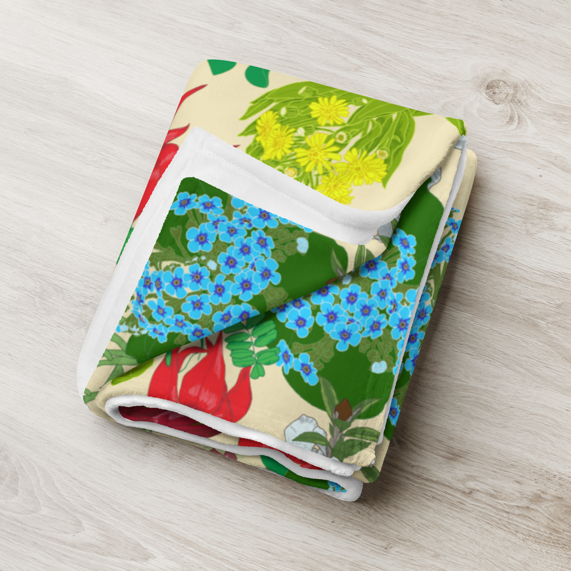 homewares, nz native flowers throw blanket, blankets, penny royal design, print on demand, birds, harakeke, kowhai, kakabeak, manuka