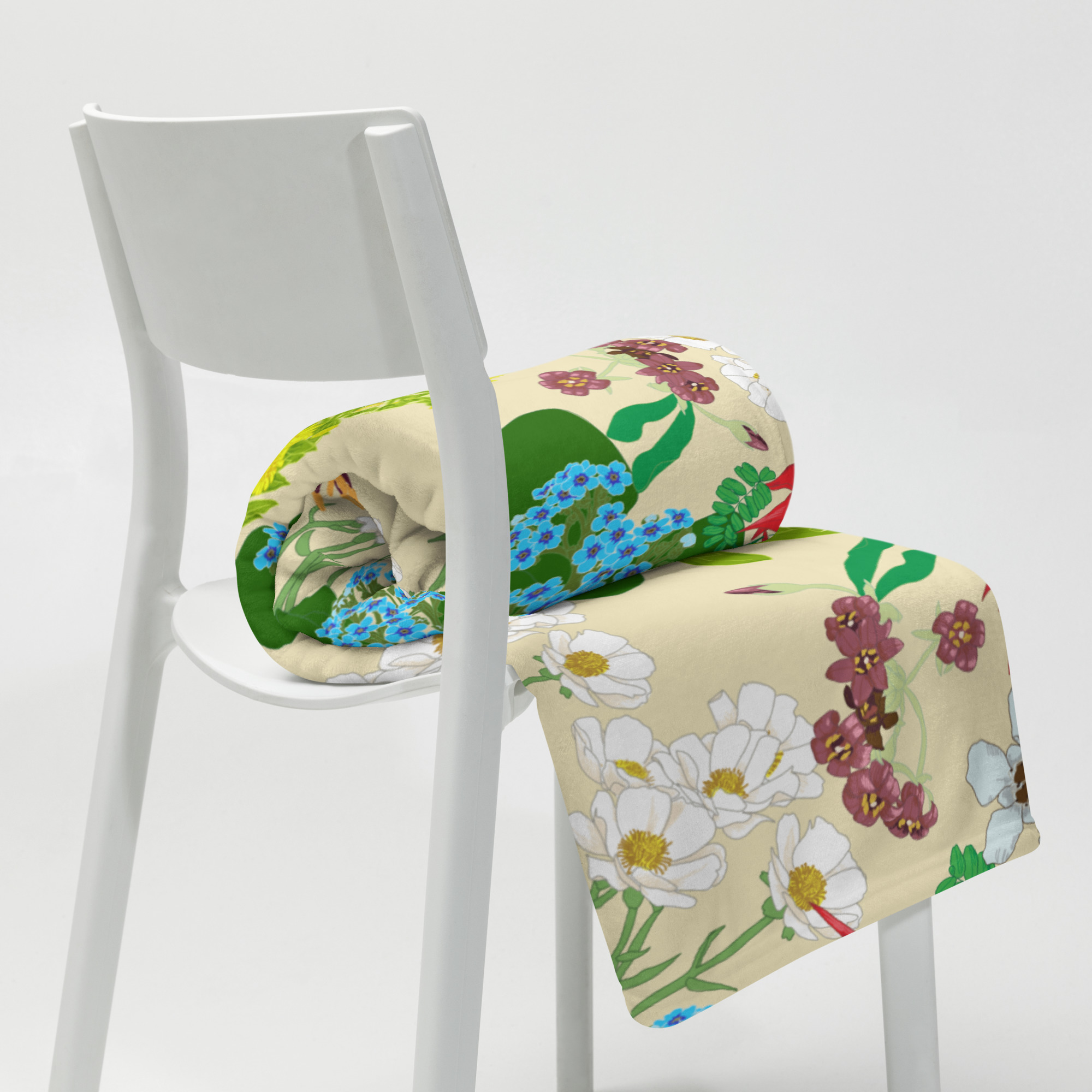 homewares, nz native flowers throw blanket, blankets, penny royal design, print on demand, birds, harakeke, kowhai, kakabeak, manuka