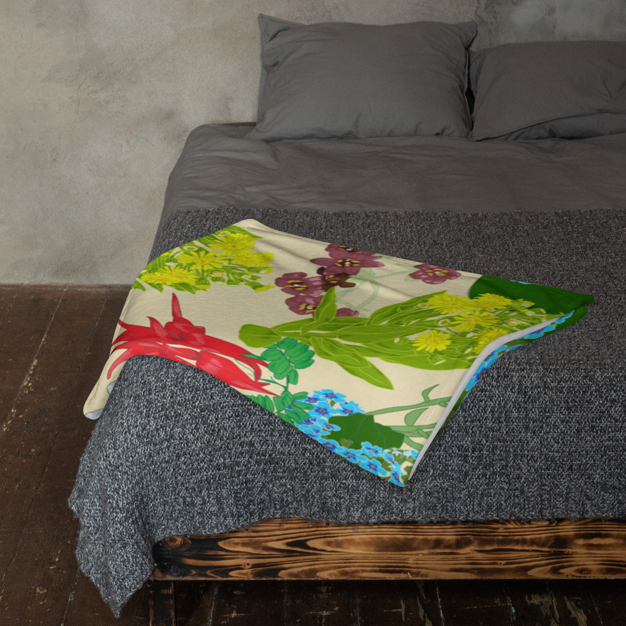 homewares, nz native flowers throw blanket, blankets, penny royal design, print on demand, birds, harakeke, kowhai, kakabeak, manuka