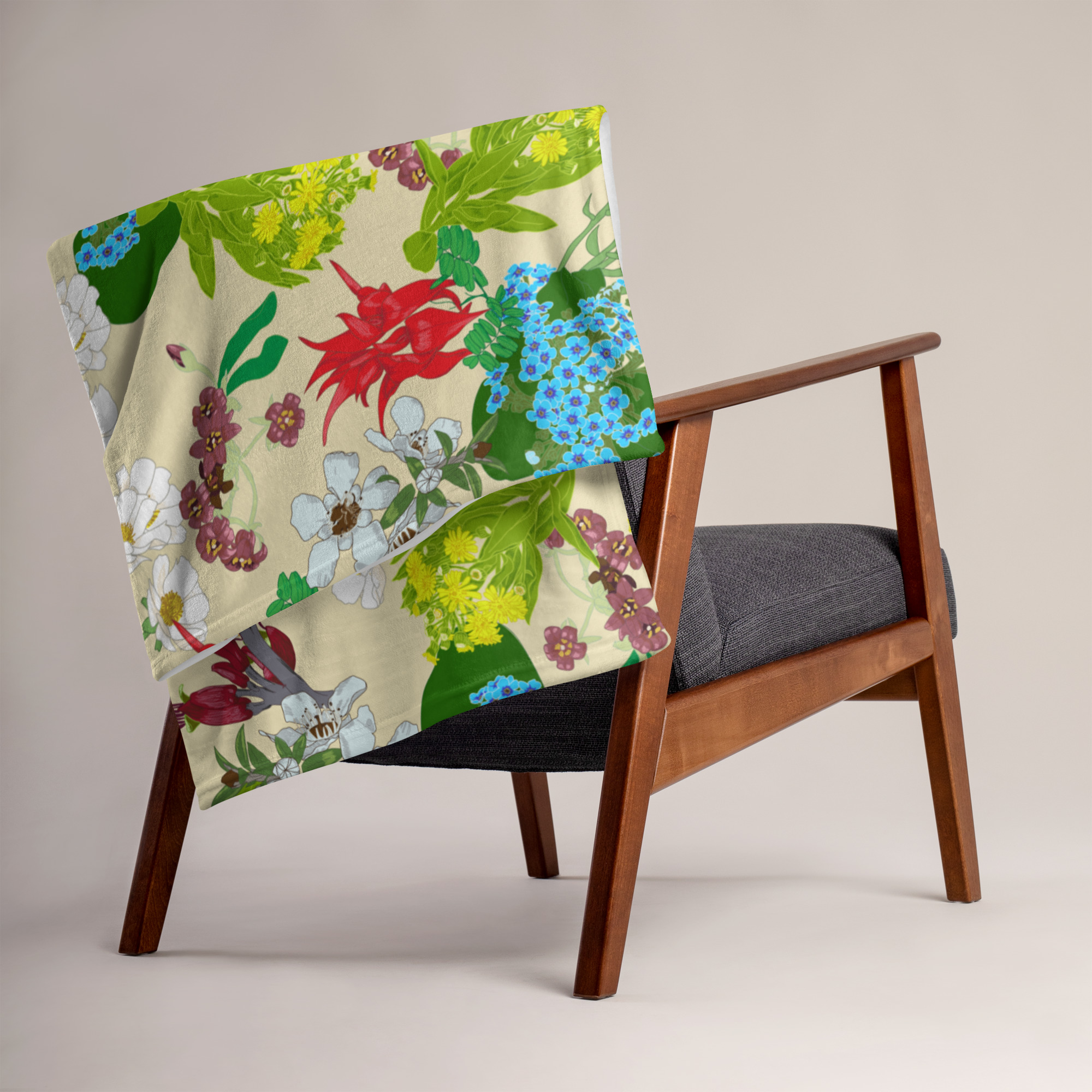 homewares, nz native flowers throw blanket, blankets, penny royal design, print on demand, birds, harakeke, kowhai, kakabeak, manuka