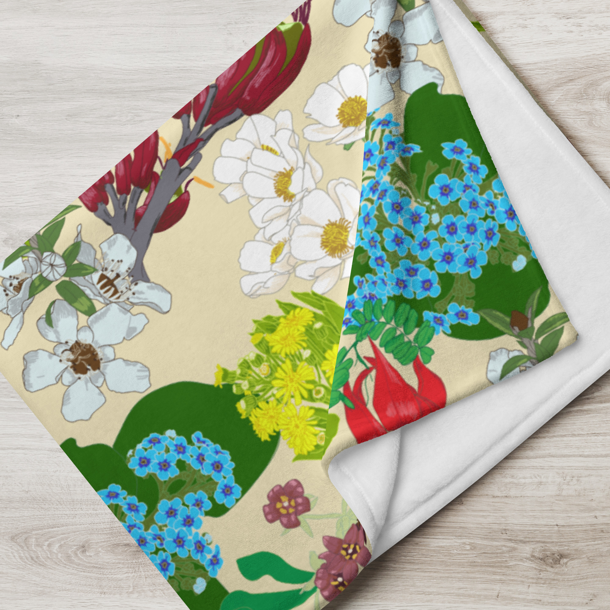 homewares, nz native flowers throw blanket, blankets, penny royal design, print on demand, birds, harakeke, kowhai, kakabeak, manuka