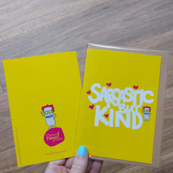 greeting cards, penny royal design, Sarcastic but kind, yellow, fun, humorous, character, handdrawn
