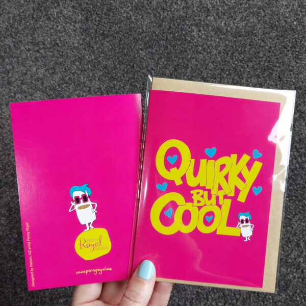 greeting cards, penny royal design, quirky but cool, pink, fun, humorous, character, handdrawn