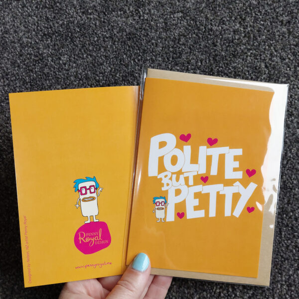 greeting cards, penny royal design, polite but petty, orange, fun, humorous, character, handdrawn