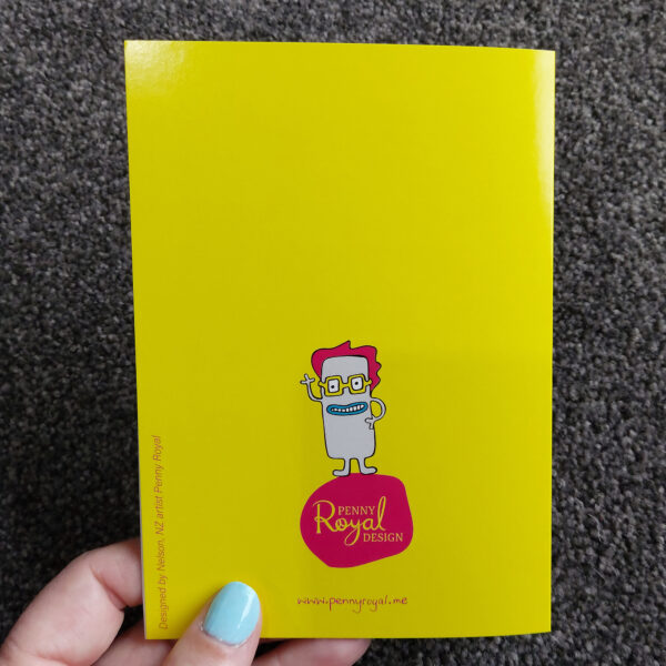 greeting cards, penny royal design, Sarcastic but kind, yellow, fun, humorous, character, handdrawn