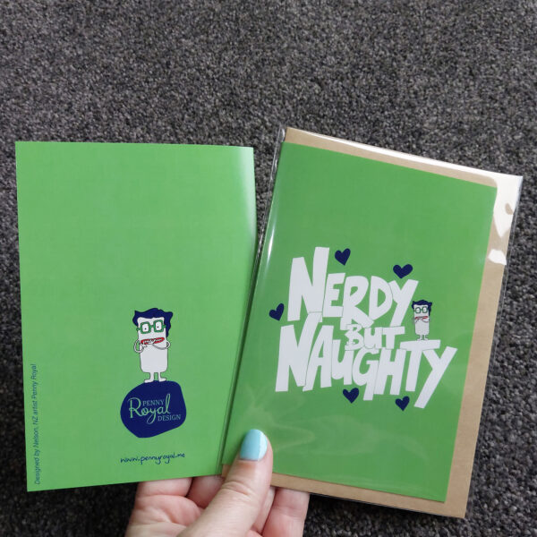greeting cards, penny royal design, nerdy but naughty, green, fun, humorous, character, handdrawn