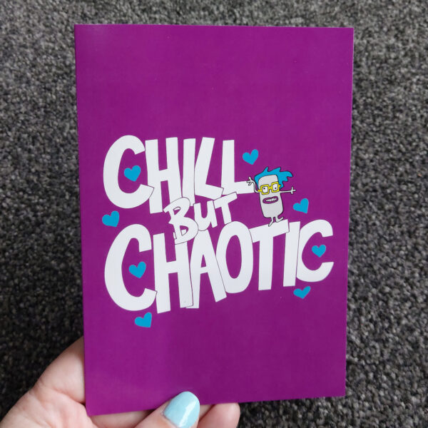 greeting cards, penny royal design, chill but chaotic, purple, fun, humorous, character, handdrawn