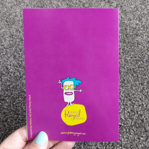 greeting cards, penny royal design, chill but chaotic, purple, fun, humorous, character, handdrawn