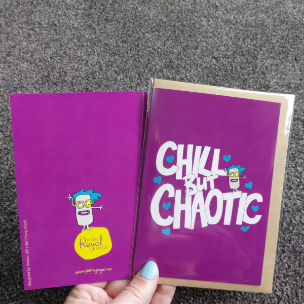 greeting cards, penny royal design, chill but chaotic, purple, fun, humorous, character, handdrawn