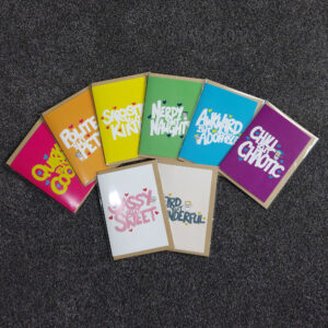 greeting cards, penny royal design, quirky but cool, pink, fun, humorous, character, handdrawn