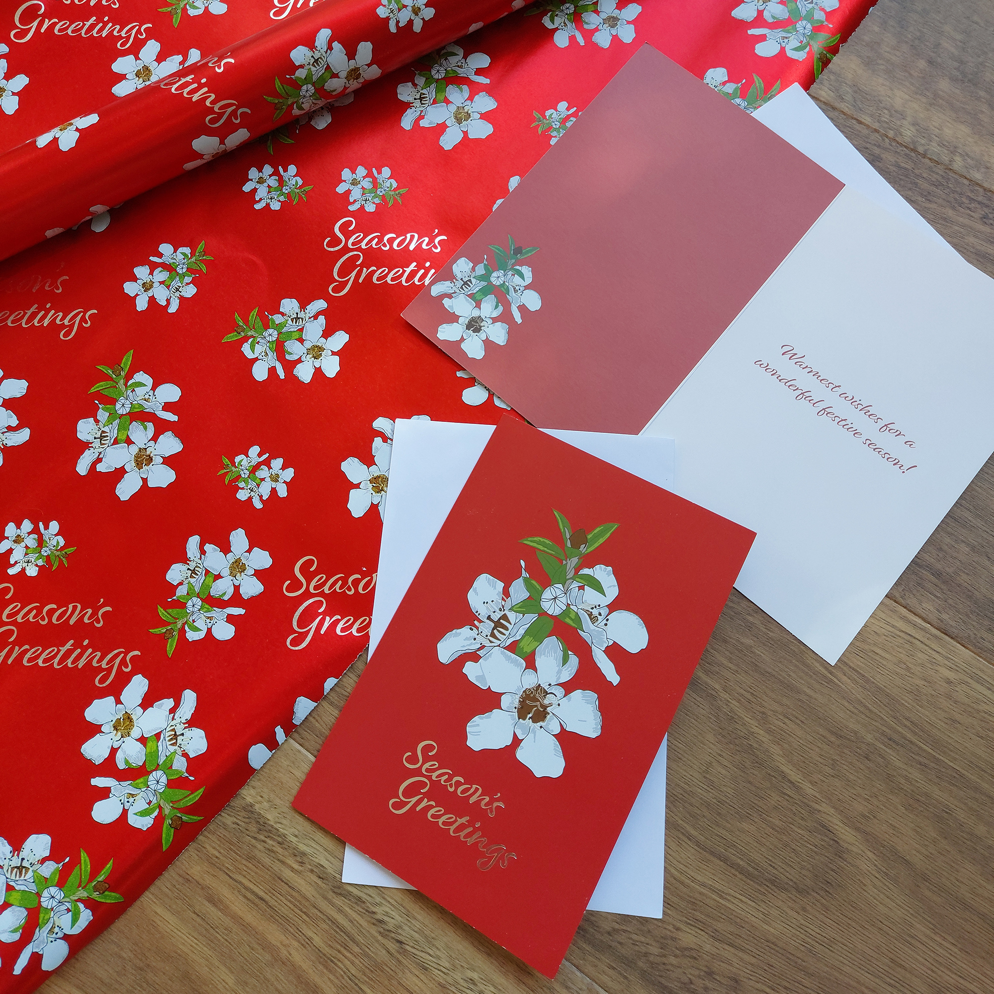manuka, red, christmas, xmas, collab, licensing, penny royal design, john sands, greeting card, wrapping paper