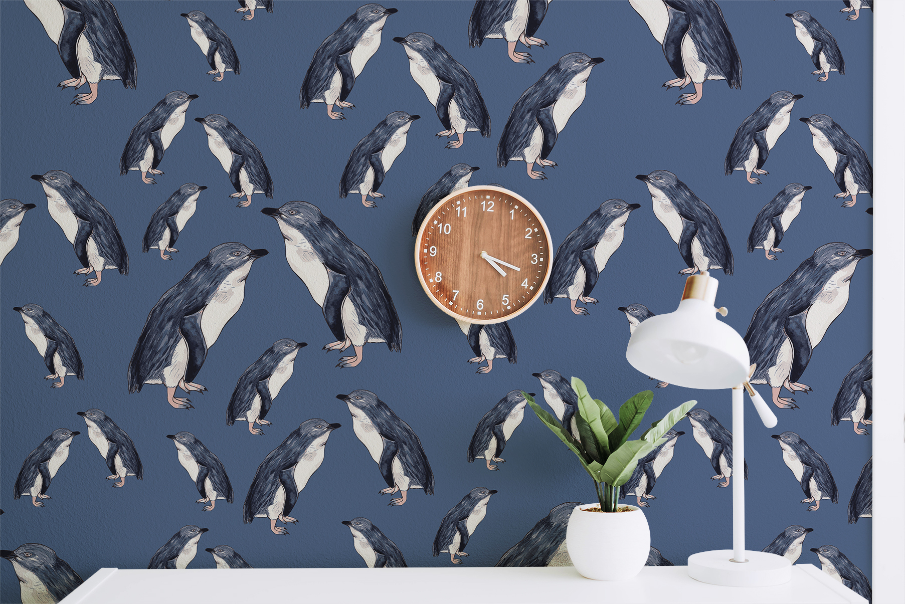 wallpaper, the inside, penny royal design, penguin, nz native, new zealand, print on demand, blue