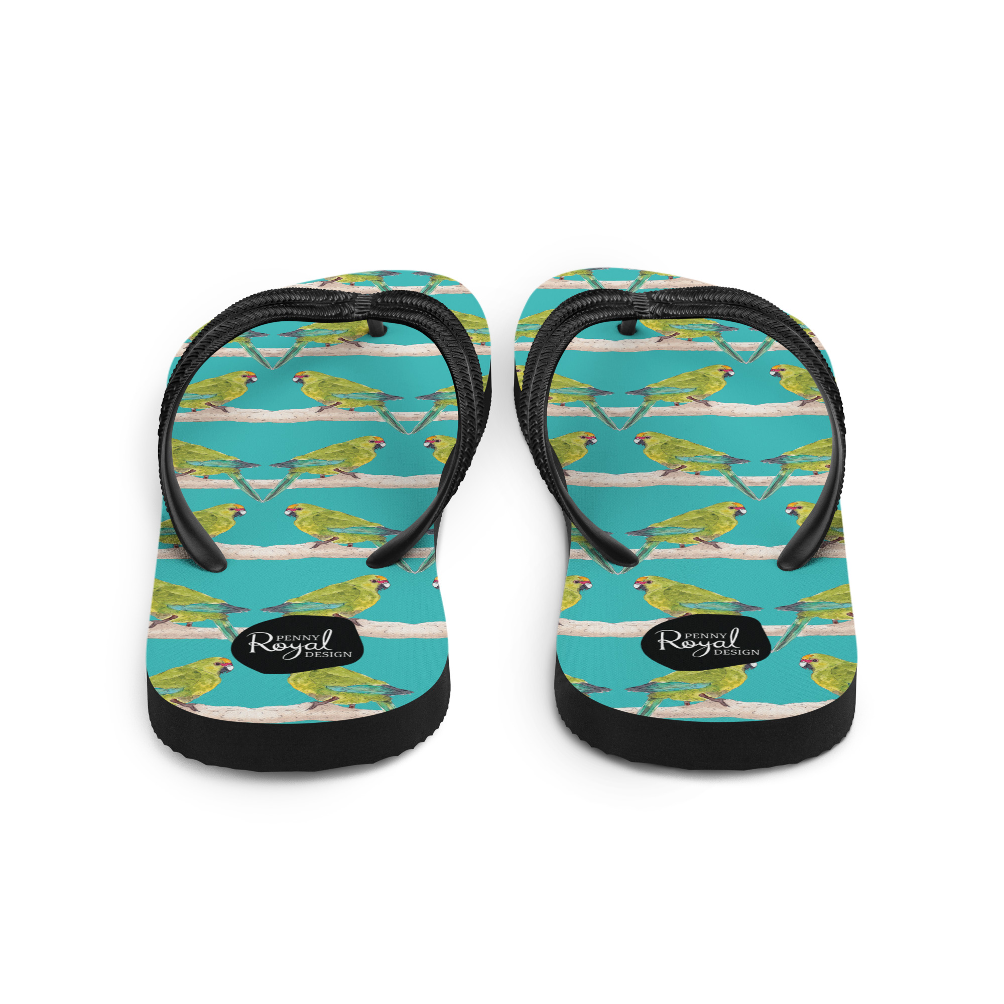 kakariki, jandal, flip-flop,footwear, penny royal design, nz native, bird, parrot, teal, summer