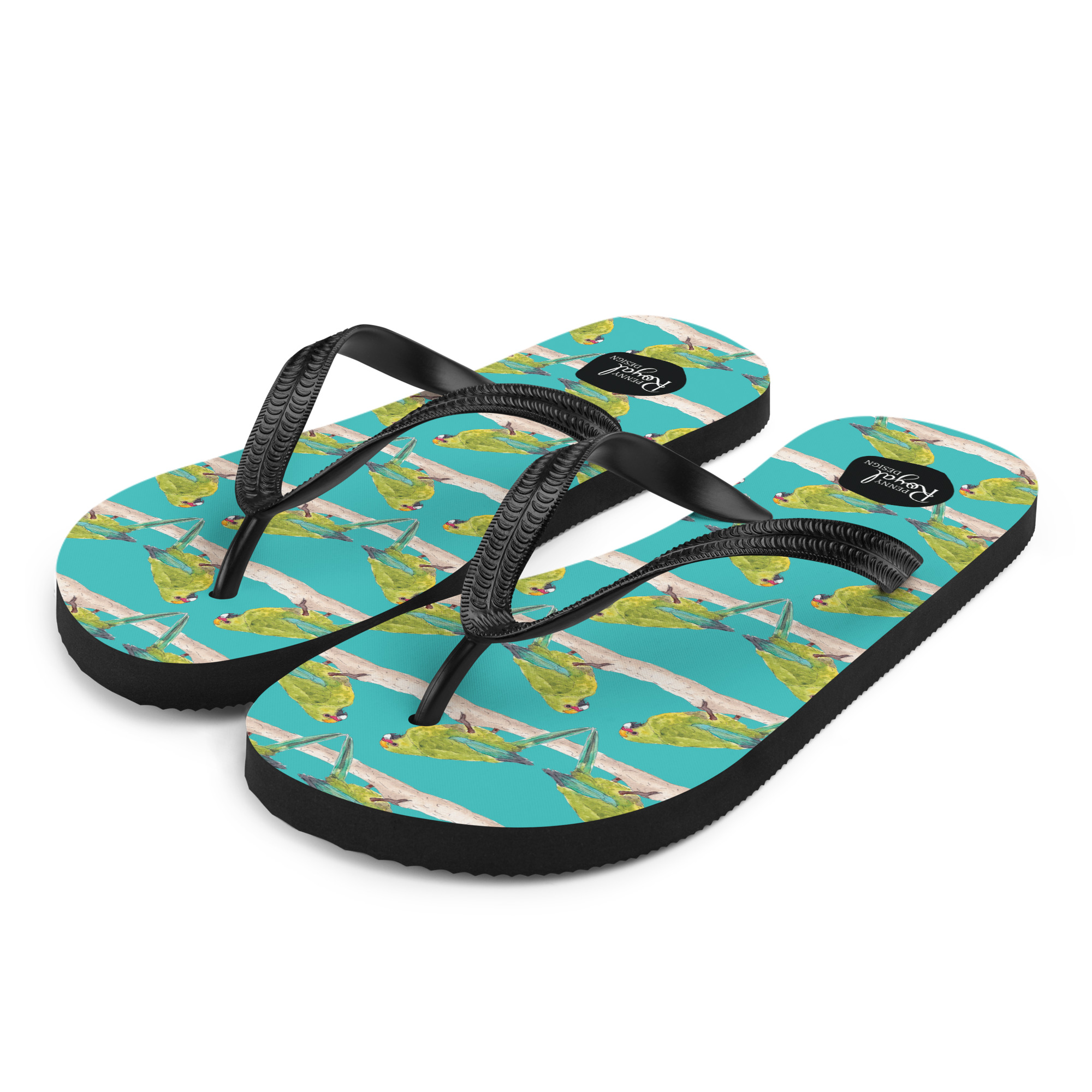 kakariki, jandal, flip-flop,footwear, penny royal design, nz native, bird, parrot, teal, summer