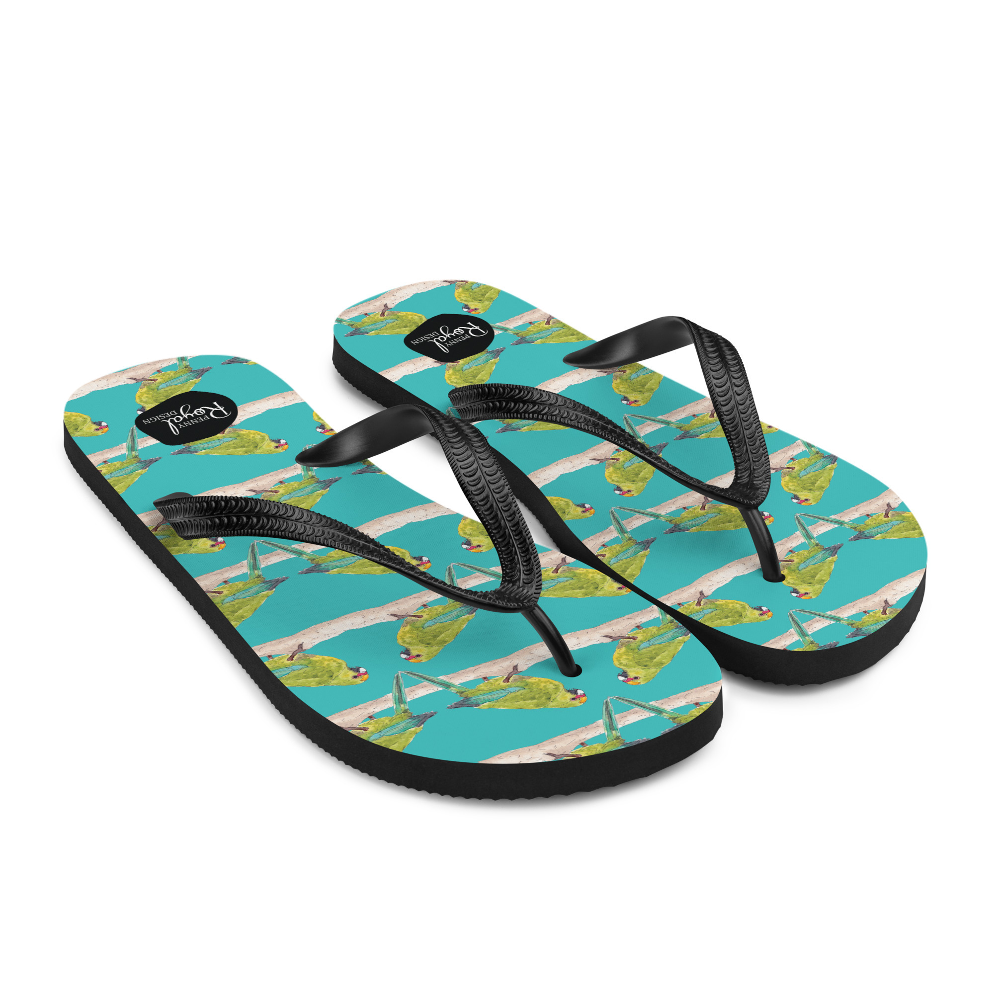 kakariki, jandal, flip-flop,footwear, penny royal design, nz native, bird, parrot, teal, summer