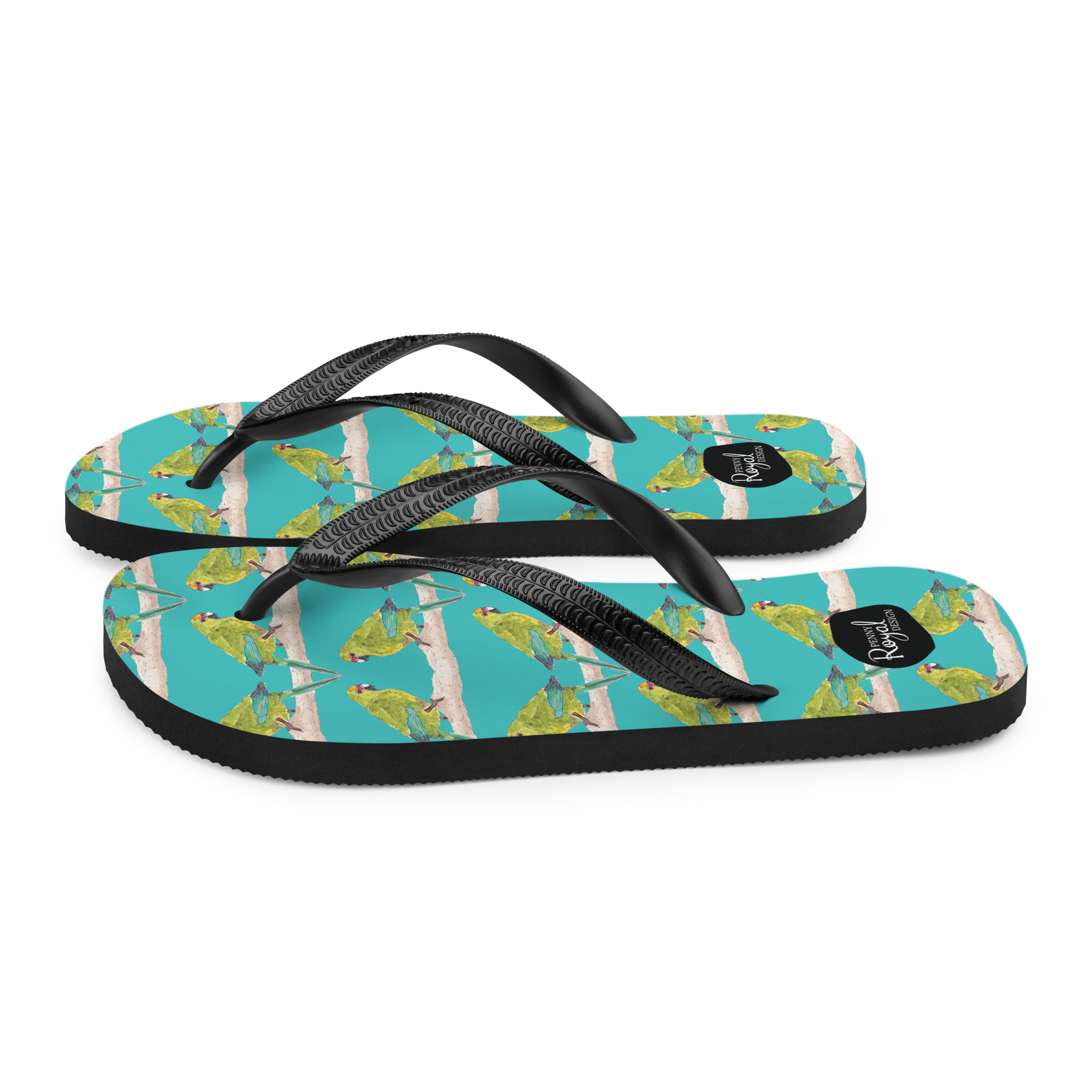 kakariki, jandal, flip-flop,footwear, penny royal design, nz native, bird, parrot, teal, summer