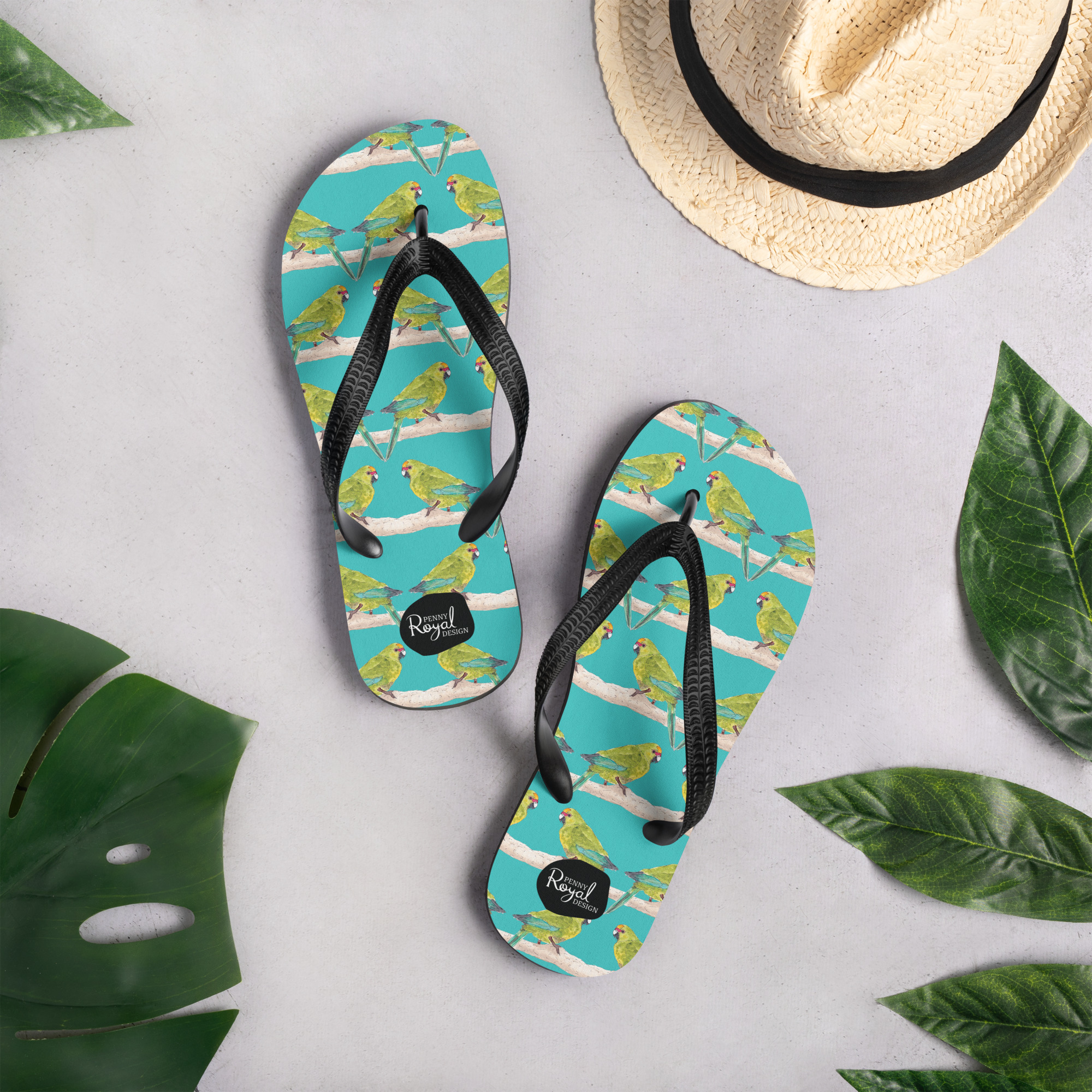 kakariki, jandal, flip-flop,footwear, penny royal design, nz native, bird, parrot, teal, summer