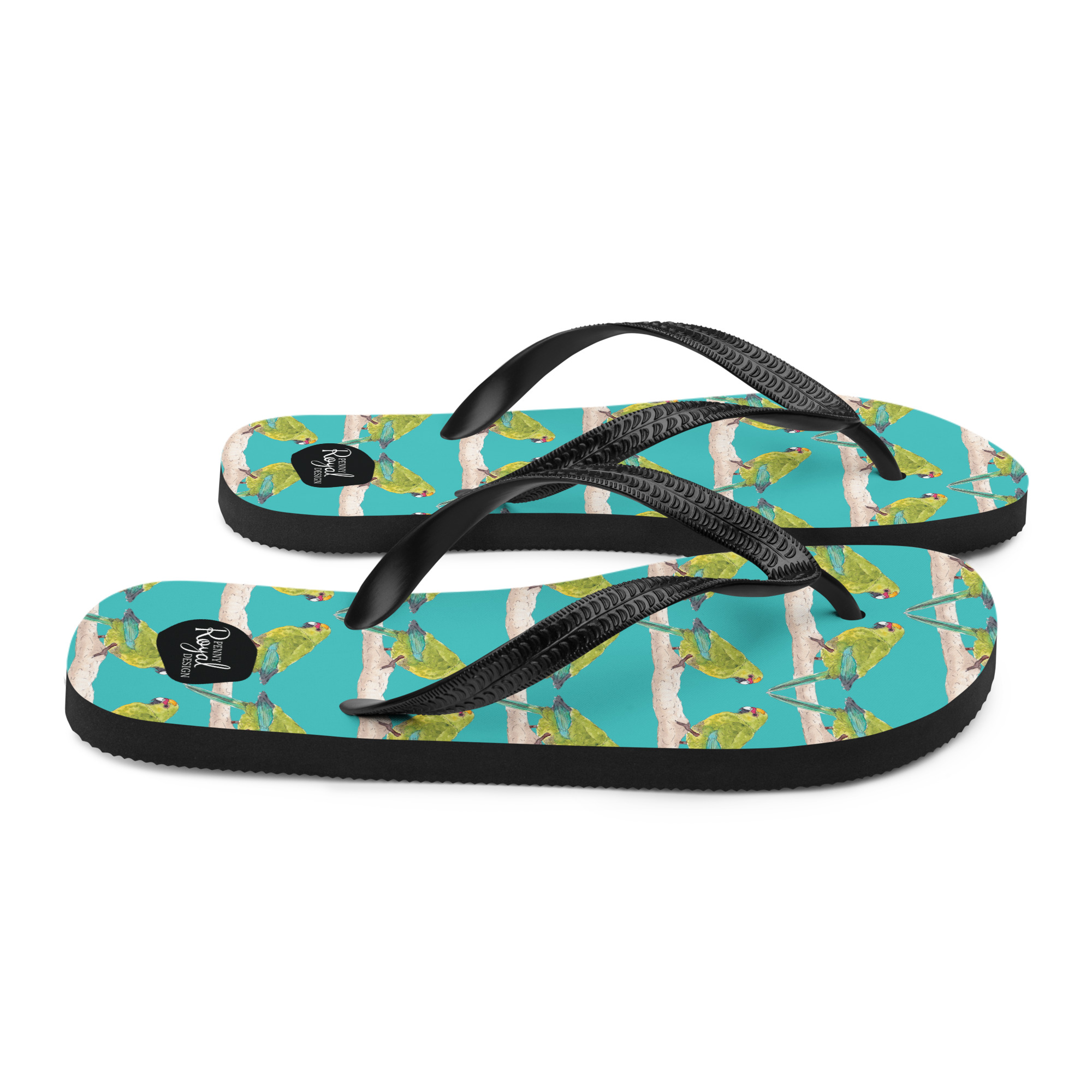 kakariki, jandal, flip-flop,footwear, penny royal design, nz native, bird, parrot, teal, summer