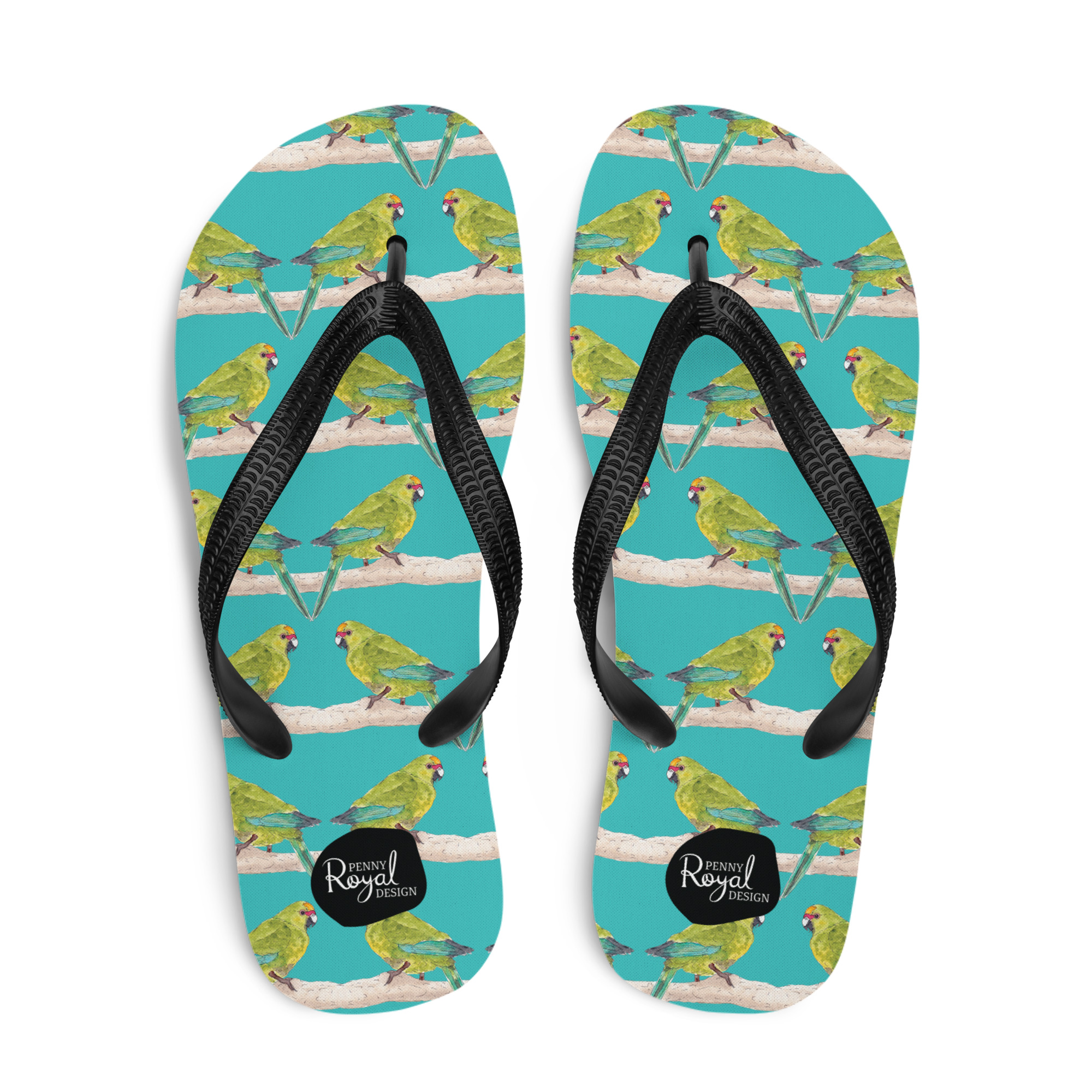 kakariki, jandal, flip-flop,footwear, penny royal design, nz native, bird, parrot, teal, summer