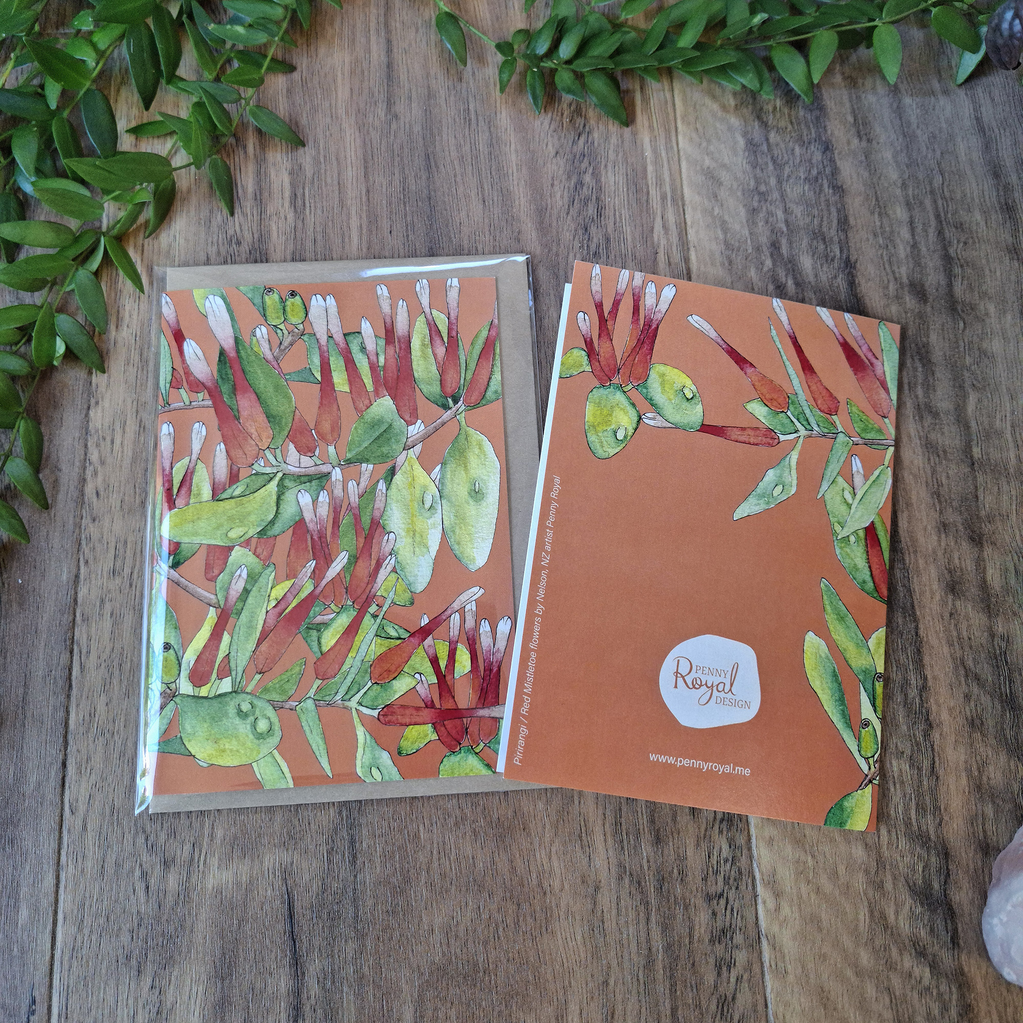 Native Red Mistletoe Christmas Card, Penny Royal Design, greeting cards, christmas card, xmas, nz artist, merry christmas, nz native flowers, pirirangi