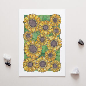 Sunflowers Art, Penny royal, NZ artist, yellow flowers, art prints, penny royal design,